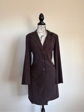 Vintage 90’s Chocolate Brown Faux Suede Long Line Blazer Trench Coat
